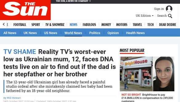 Британський таблоїд The Sun назвав «телесоромом» шоу «Інтера» про маму-дитину