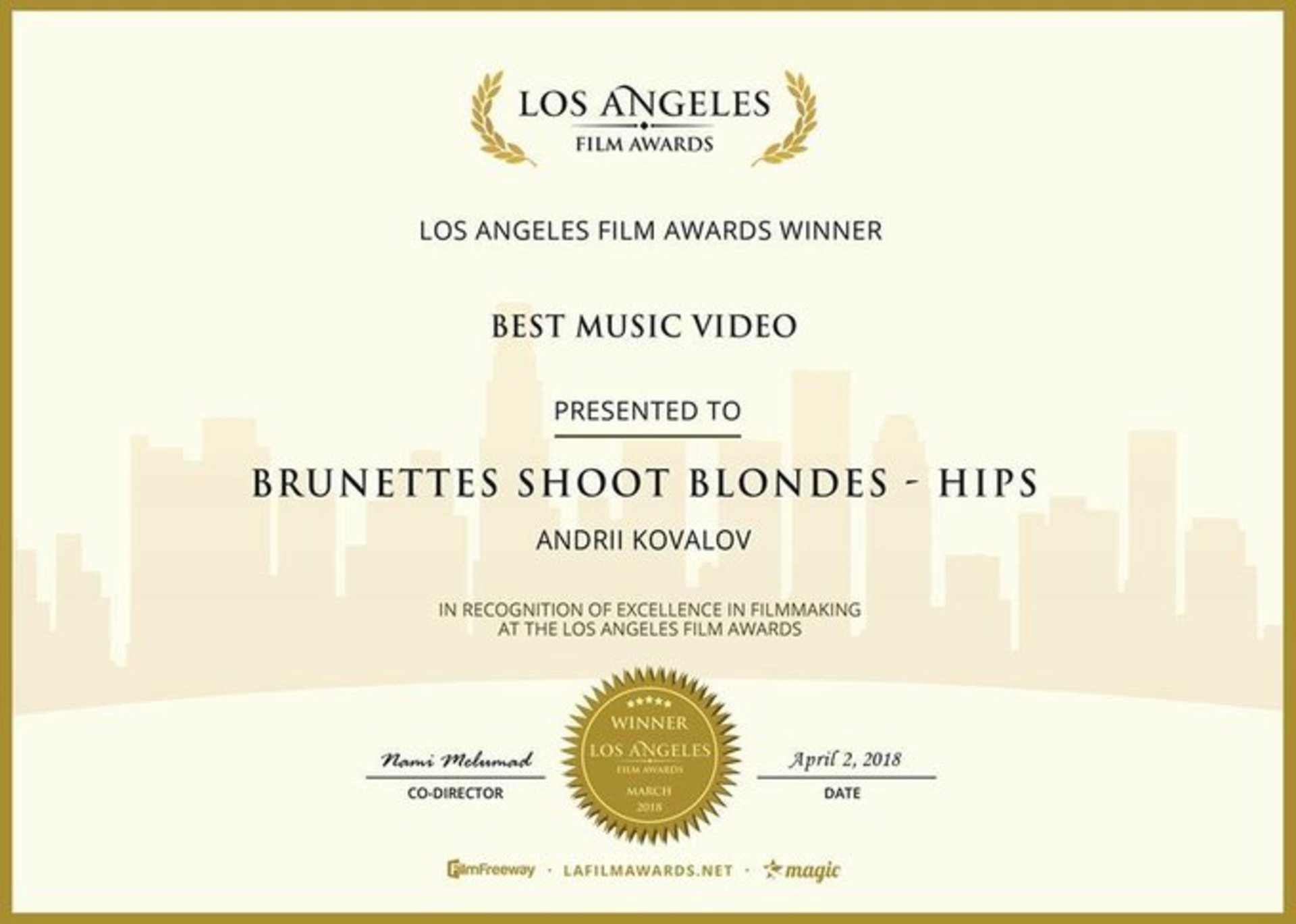 Український гурт Brunettes Shoot Blondes отримав нагороду Los Angeles Film Awards за кліп Hips