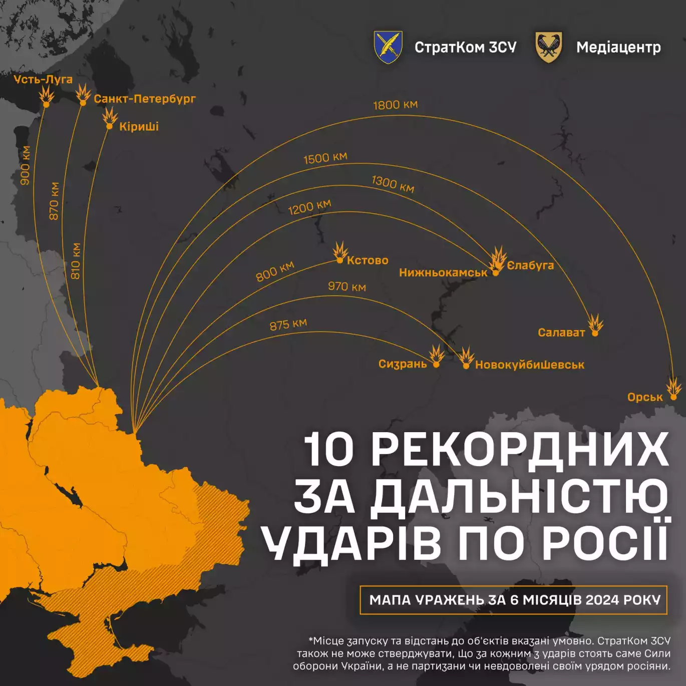 СтратКом ЗСУ оприлюднив мапу 10 рекордних за дальністю ударів по Росії, здійснених за останні 6 місяців