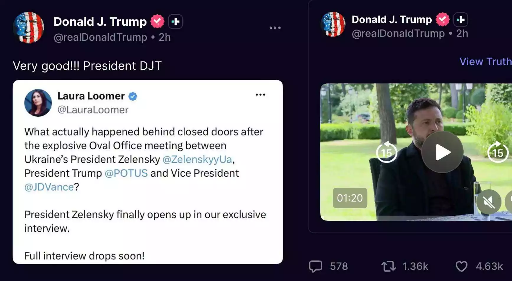 Трамп поширив фрагмент інтервʼю блогерки Лумер із Зеленським