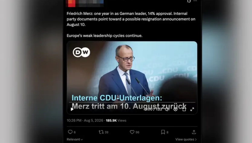 У Німеччині вважають, що за фейковим відео DW про відставку Мерца стоїть Росія