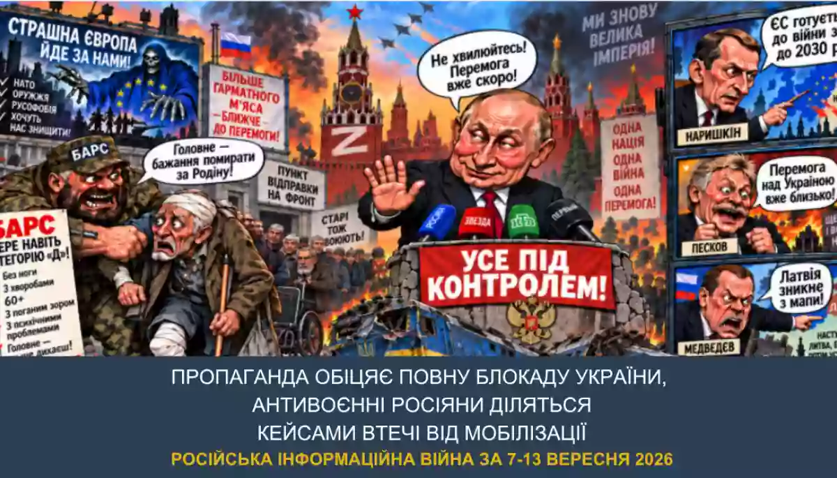 CAT-UA: Пропаганда обіцяє повну блокаду України, а антивоєнні росіяни діляться кейсами втечі від мобілізації. Російська інформаційна війна за 7-13 вересня 2026
